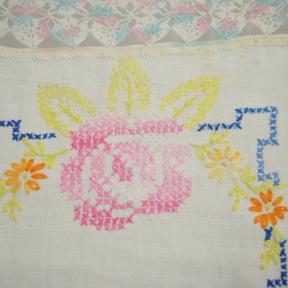 Cross Stitch Shelf Dresser Centerpiece Scarf Rectangle Floral Hand Embroidery - Picture 4 of 10